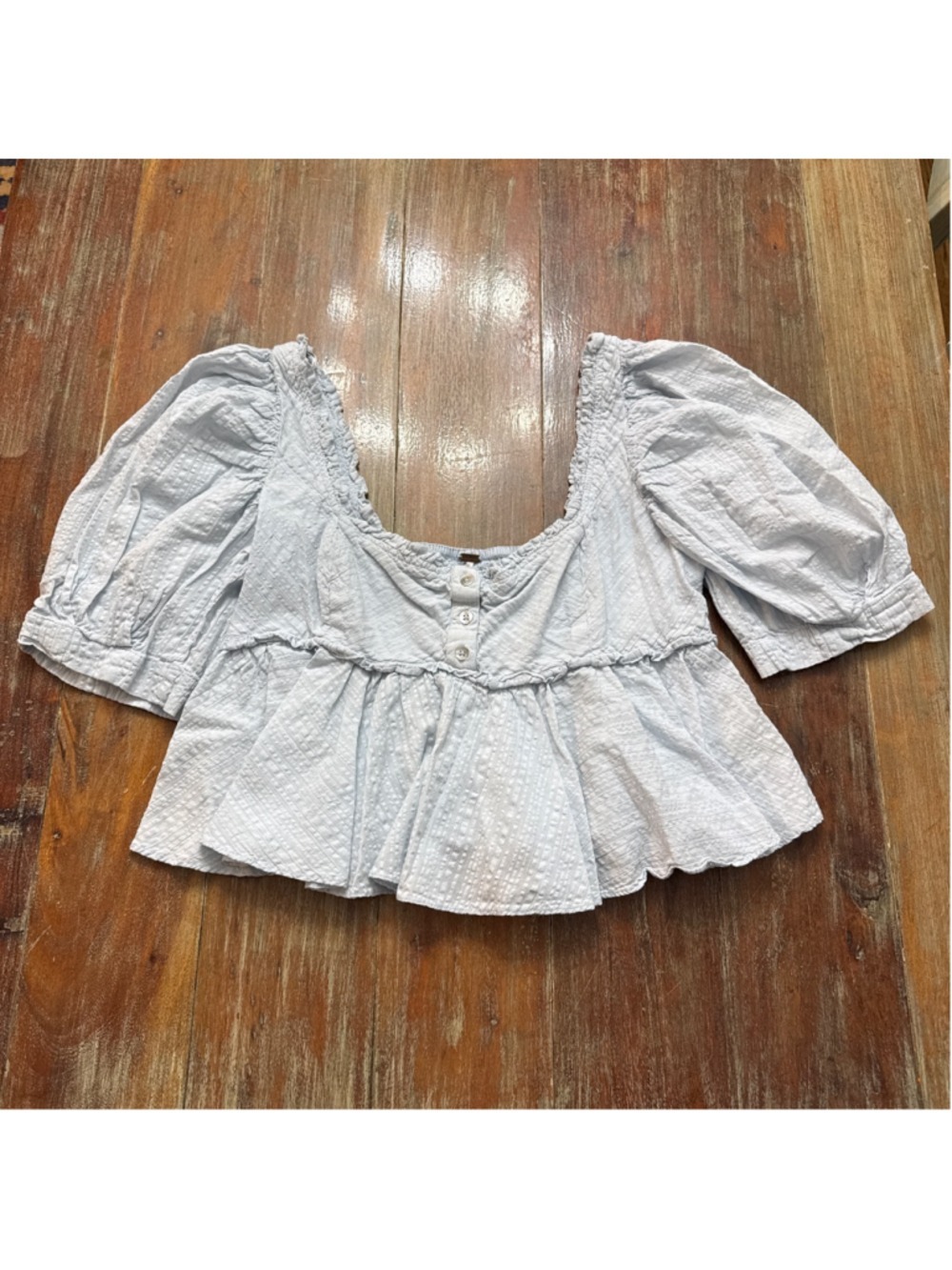 Free People Baby Blue Seersucker Puff Sleeve Babydoll Top Smocked Back S - Picture 2 of 11